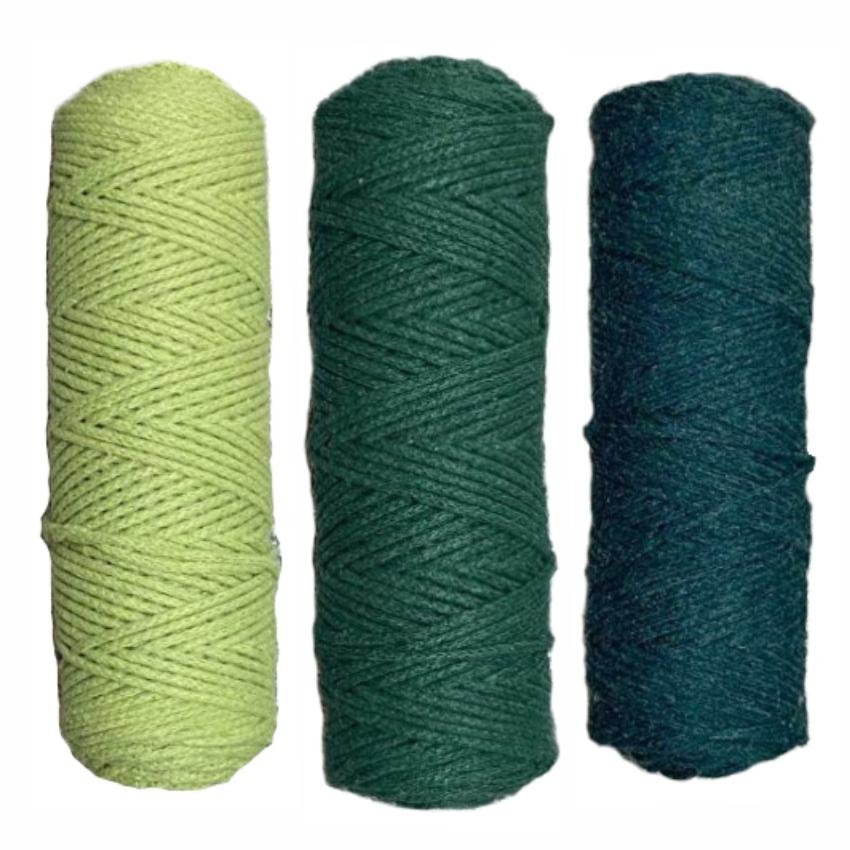 Набор шнуров хлопковых 3мм (фисташковый+темно-зеленый+изумруд)